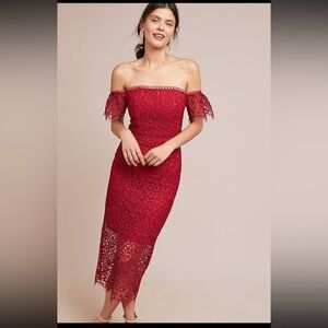 ML Monique Lhuillier Womens Red Raspberry Off Shoulder Lace Overlay Dress Size 8